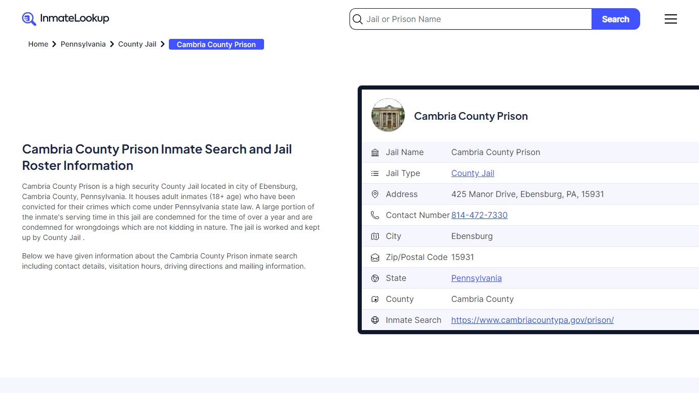 Cambria County Prison (PA) Inmate Search Pennsylvania - Inmate Lookup