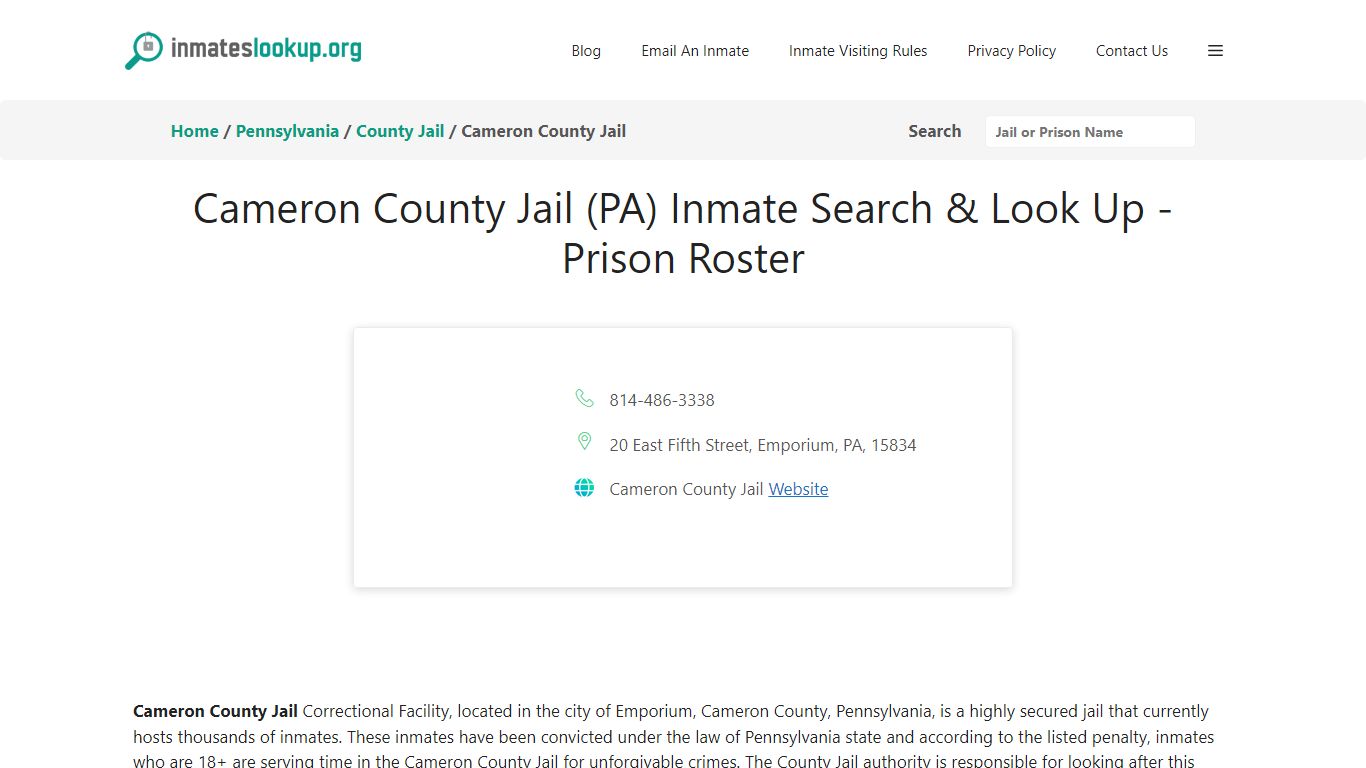 Cameron County Jail (PA) Inmate Search & Look Up - Prison Roster