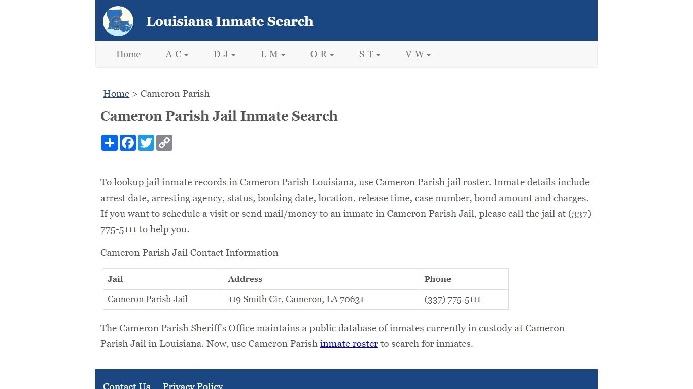 Cameron Parish Jail Inmate Search