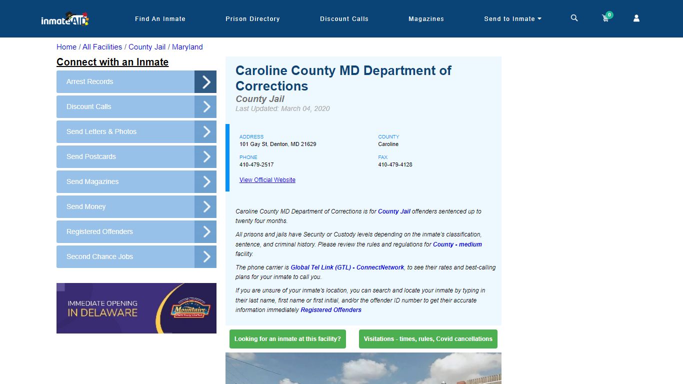 Caroline County MD Department of Corrections - Inmate Locator - Denton, MD