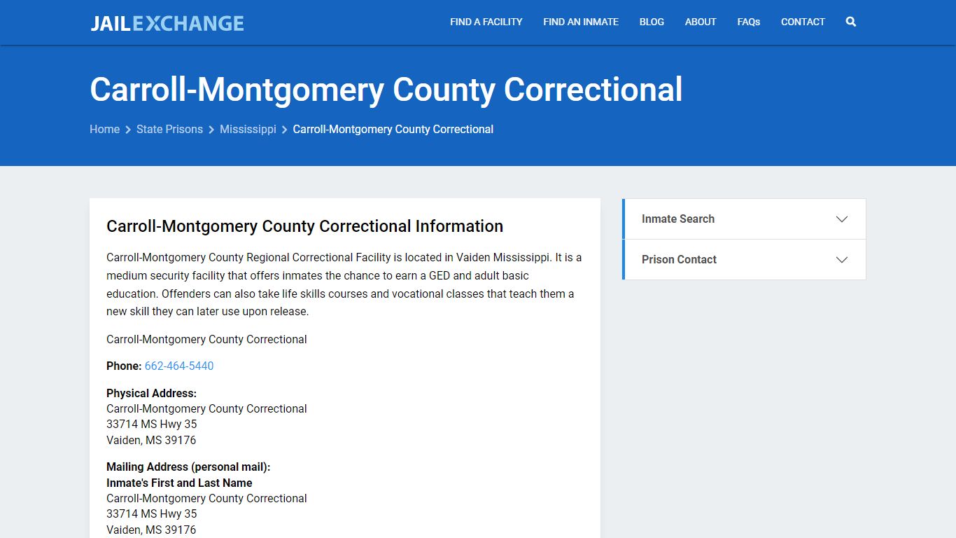 Carroll-Montgomery County Correctional Inmate Search, MS - Jail Exchange