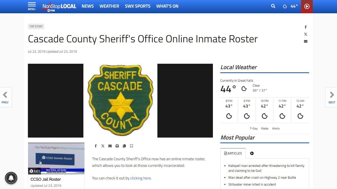 Cascade County Sheriff's Office Online Inmate Roster