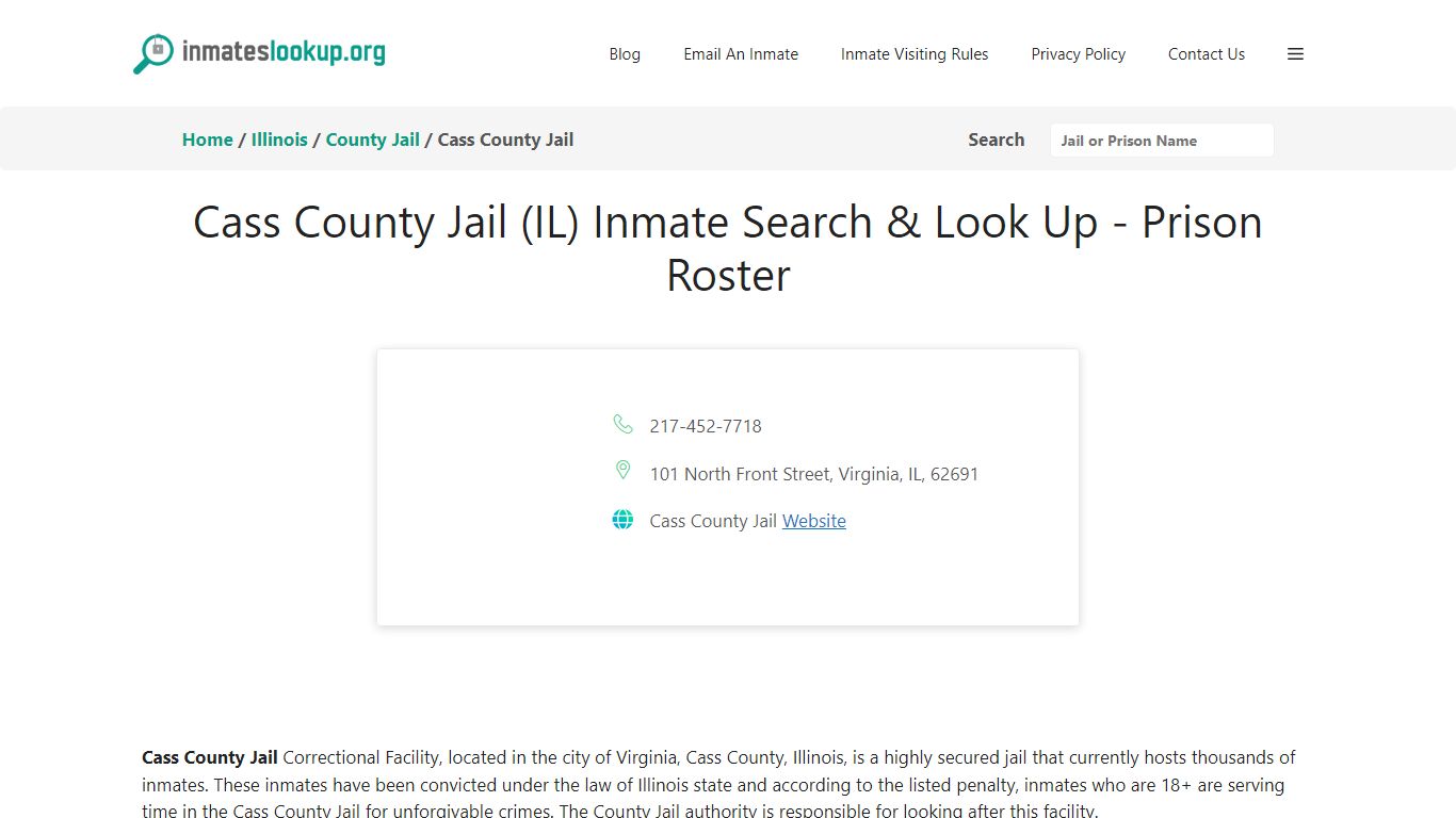 Cass County Jail (IL) Inmate Search & Look Up - Prison Roster