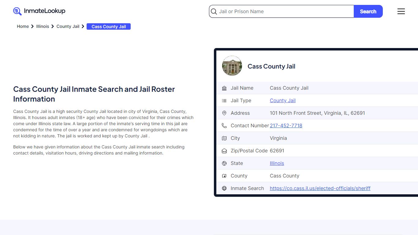 Cass County Jail Inmate Search - Virginia Illinois - Inmate Lookup