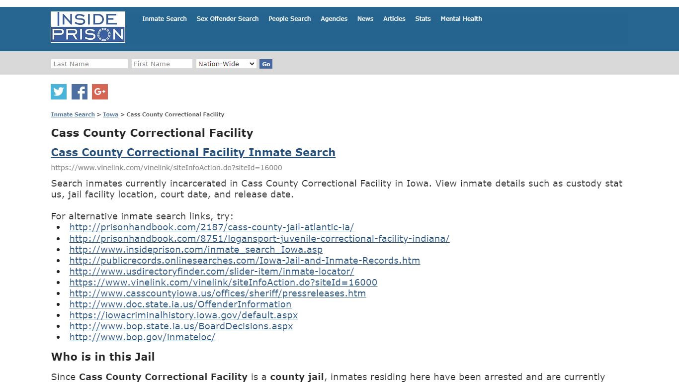 Cass County Correctional Facility - Iowa - Inmate Search - Inside Prison