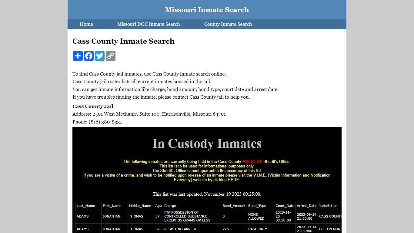 Cass County Inmate Search