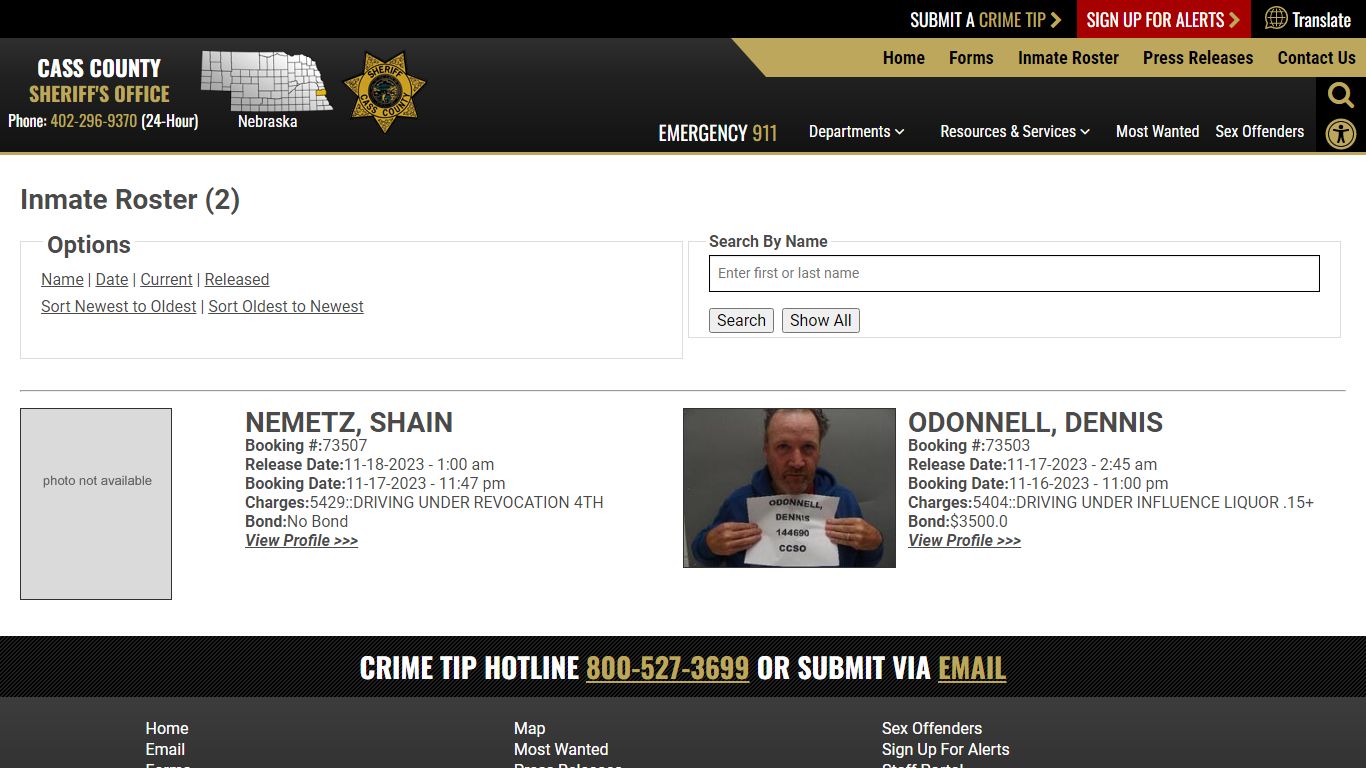 Released Inmates Booking Date Descending - Cass County NE Sheriff's Office