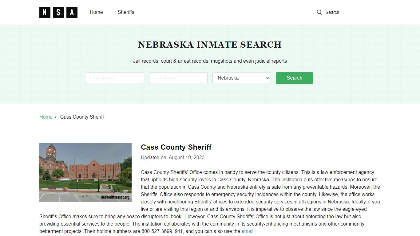 Cass County Sheriff, Nebraska and County Jail Information
