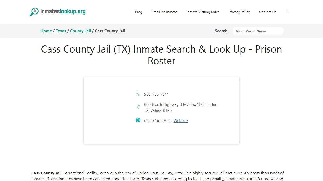 Cass County Jail (TX) Inmate Search & Look Up - Prison Roster