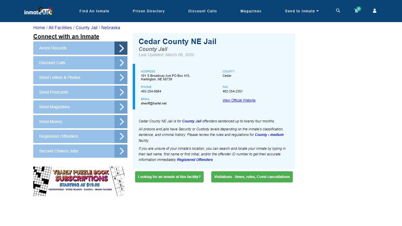 Cedar County NE Jail - Inmate Locator - Hartington, NE