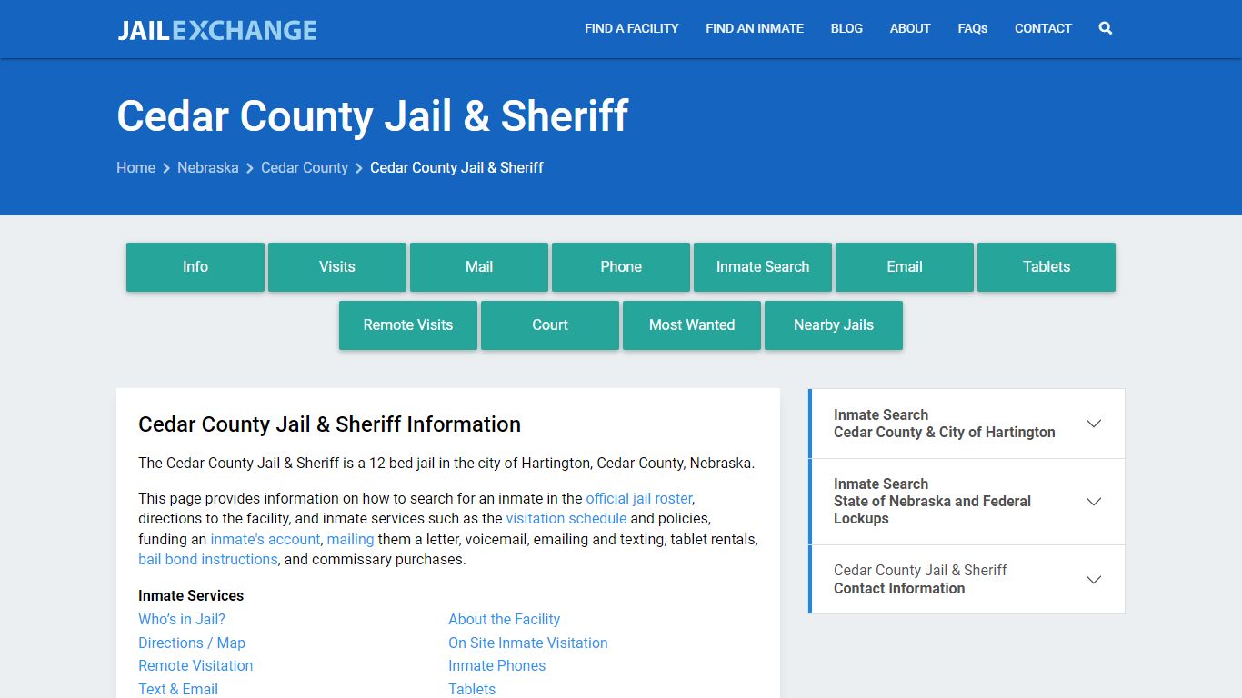 Cedar County Jail & Sheriff, NE Inmate Search, Information
