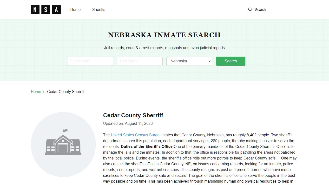Cedar County Sherriff, Nebraska and County Jail Information