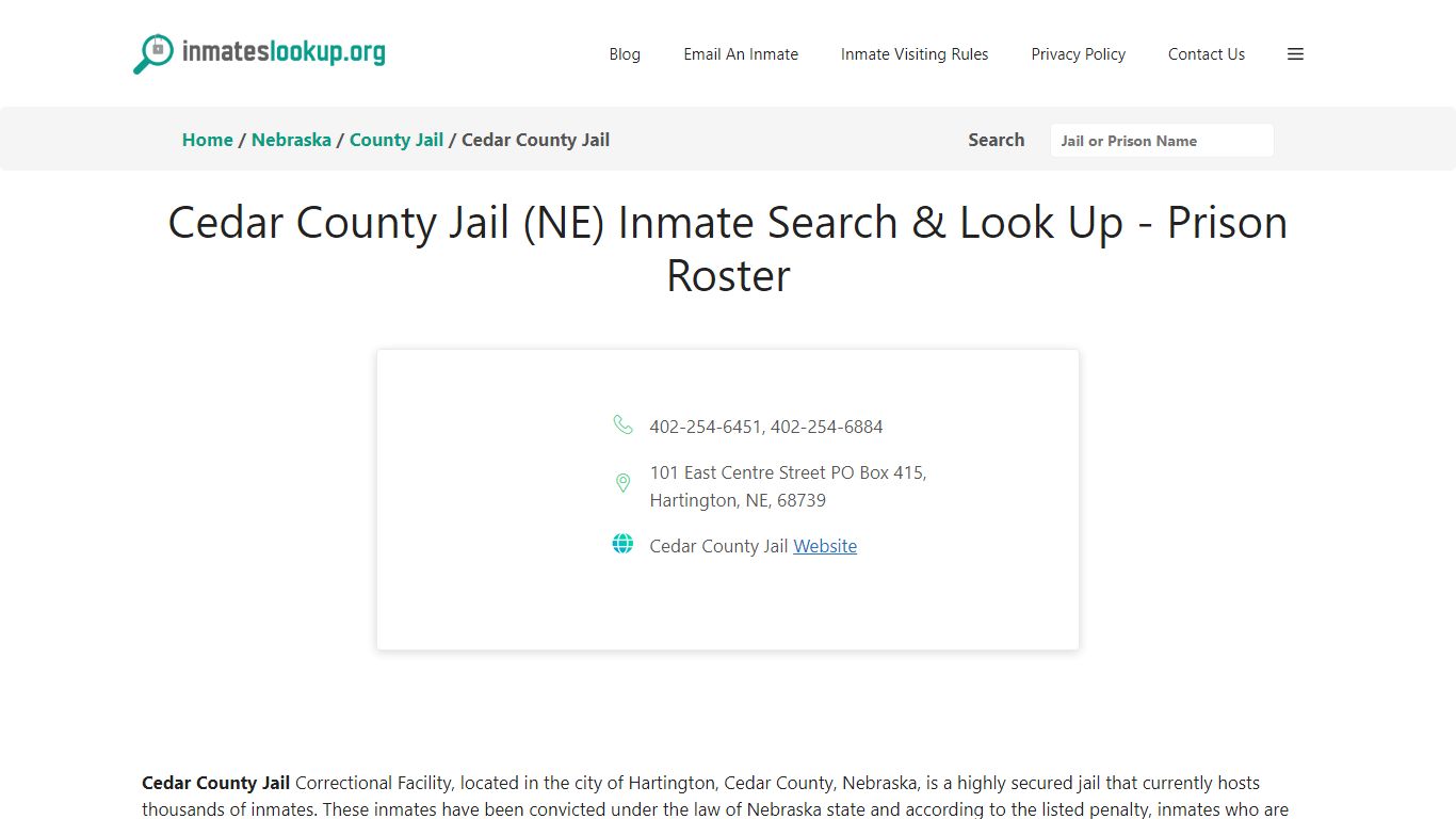 Cedar County Jail (NE) Inmate Search & Look Up - Prison Roster
