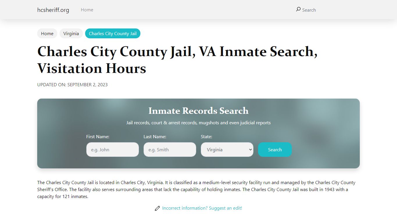 Charles City County Jail, VA Inmate Search, Visitation Hours