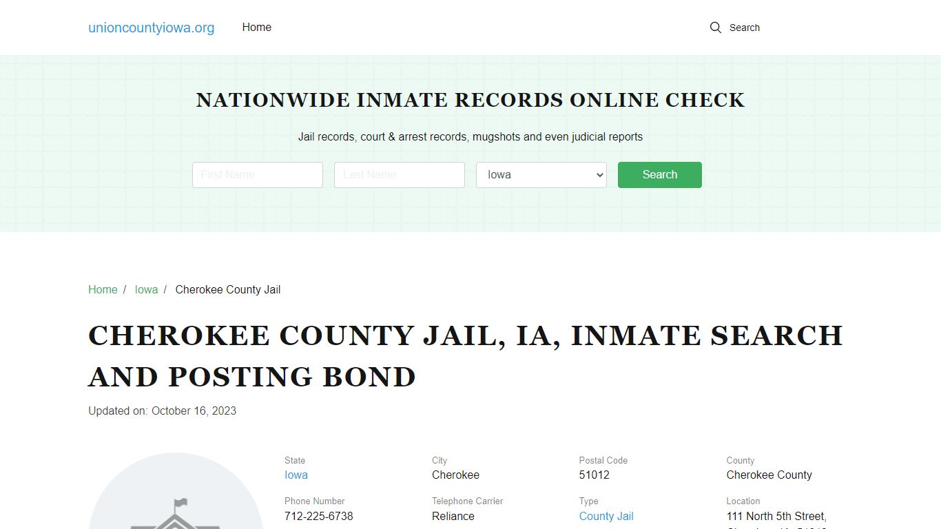 Cherokee County Jail, IA, Inmate Search, Visitations - Union County, Iowa
