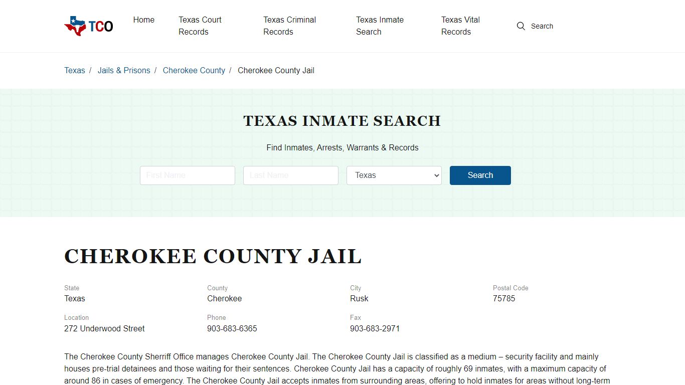 Cherokee County Jail in Rusk, TX - Contact Information and Public Records