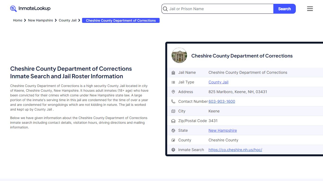 Cheshire County Department of Corrections Inmate Search - Keene New ...