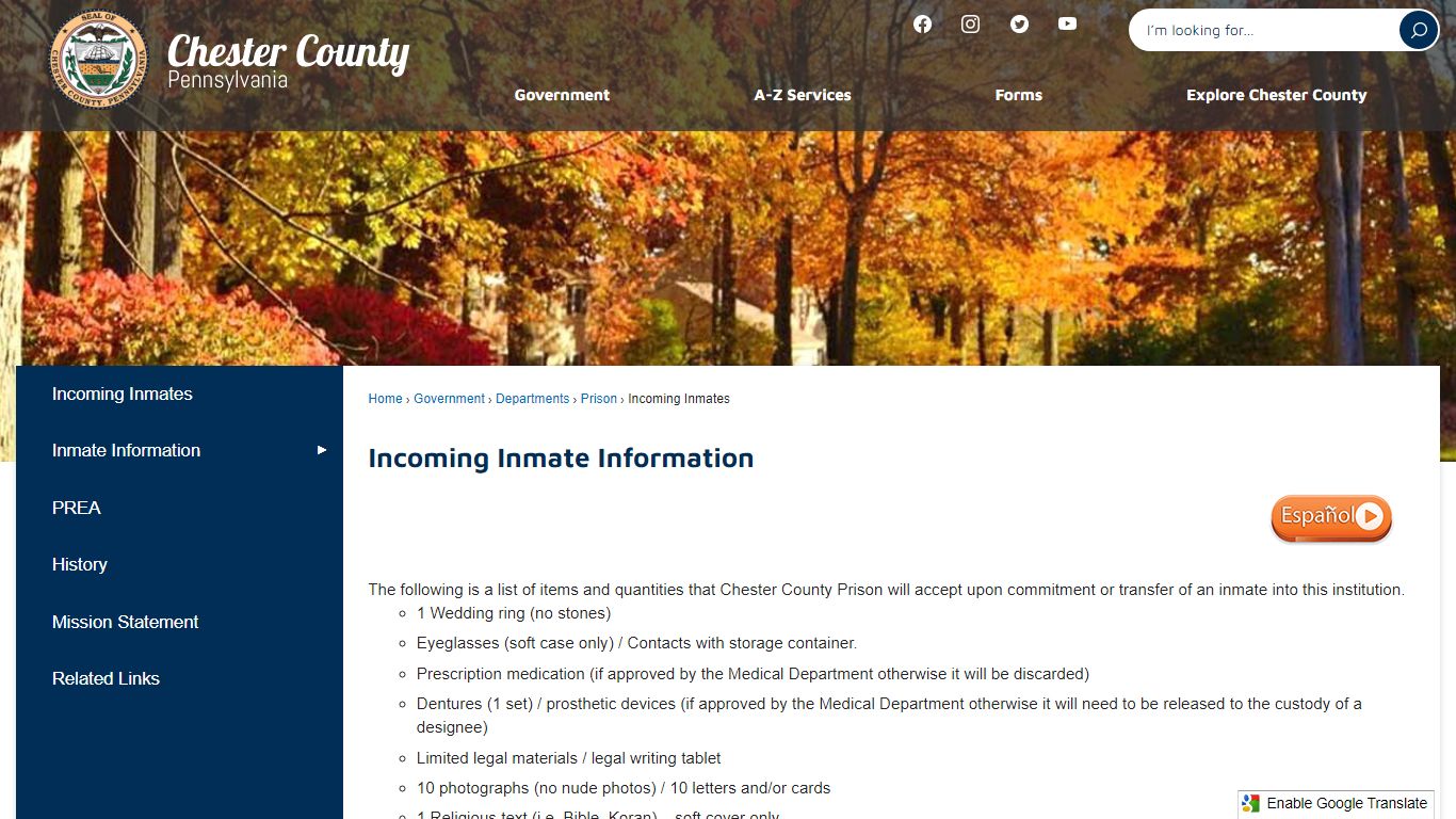Incoming Inmate Information | Chester County, PA - Official Website