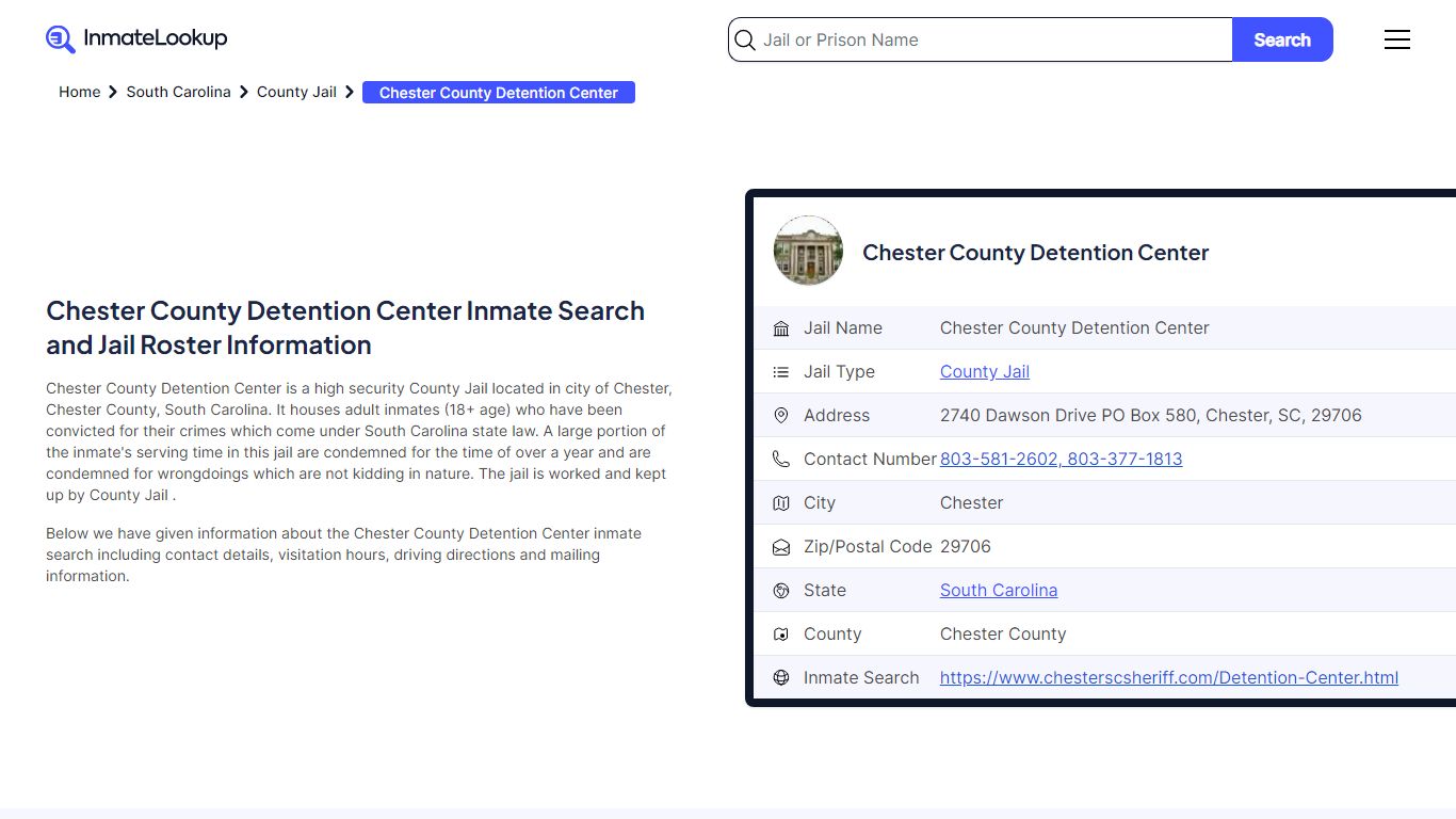 Chester County Detention Center Inmate Search - Chester South Carolina ...