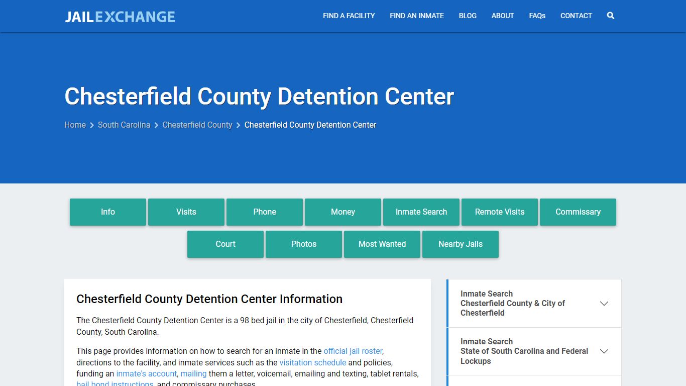 Chesterfield County Detention Center, SC Inmate Search, Information