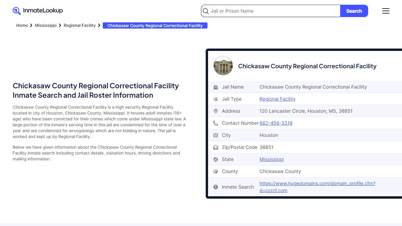 Chickasaw County Regional Correctional Facility (MS) Inmate Search ...
