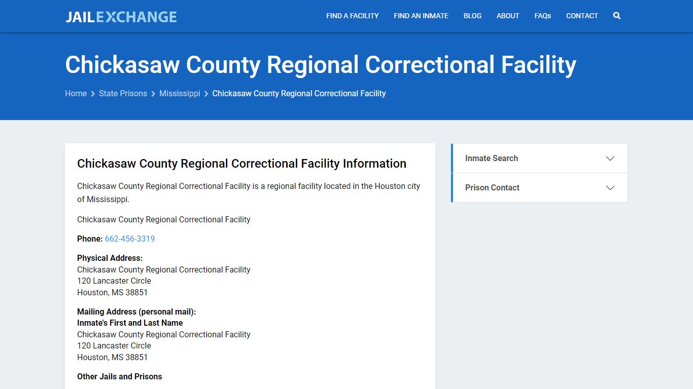 Chickasaw County Regional Correctional Facility Inmate Search, MS