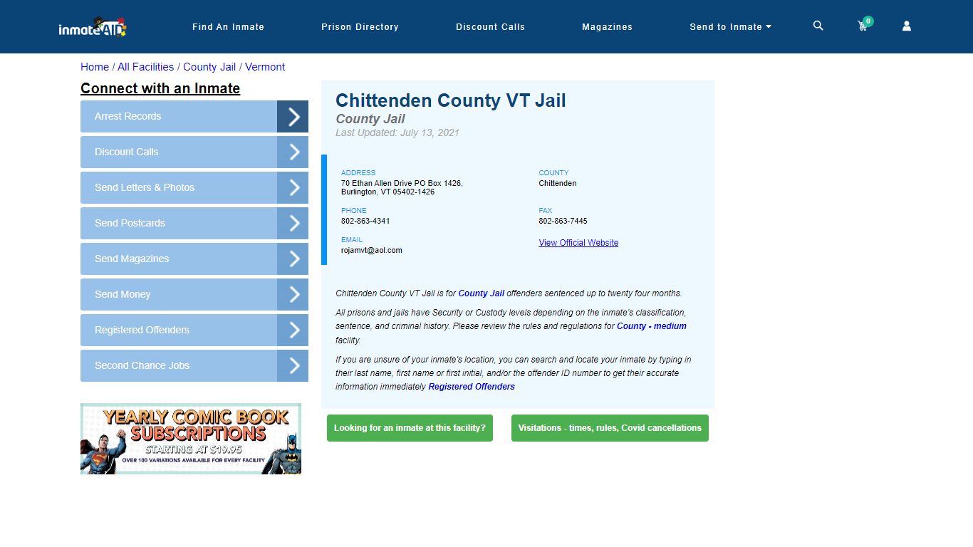 Chittenden County VT Jail - Inmate Locator - Burlington, VT
