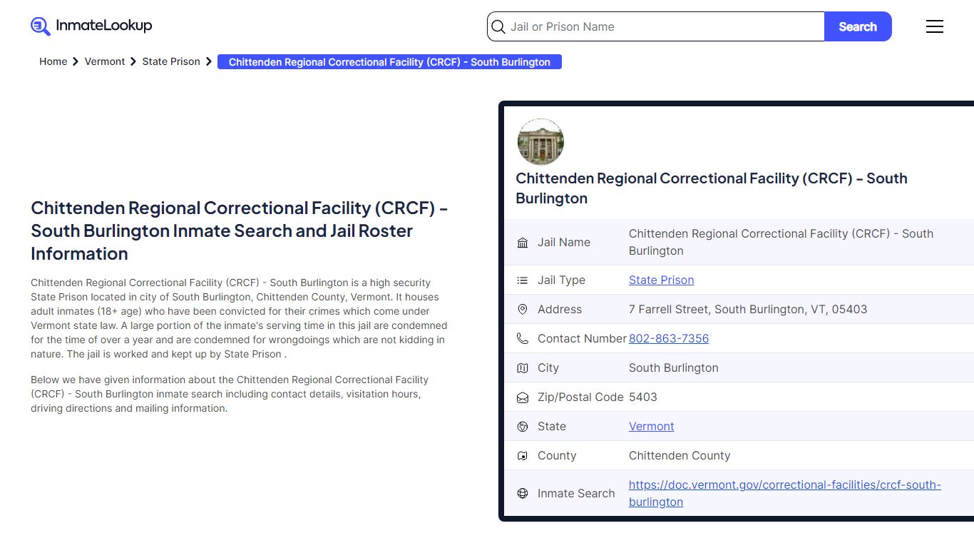 Chittenden Regional Correctional Facility (CRCF) - Inmate Lookup