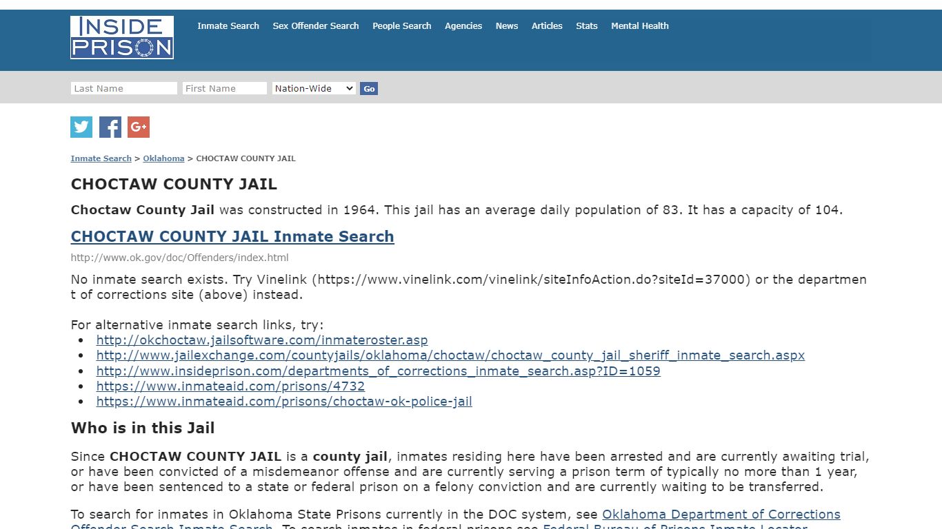 CHOCTAW COUNTY JAIL - Oklahoma - Inmate Search - Inside Prison