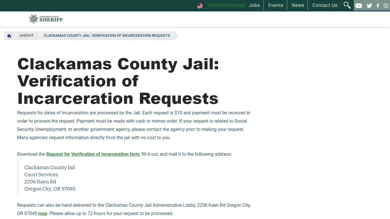 Clackamas County Jail: Verification of Incarceration Requests