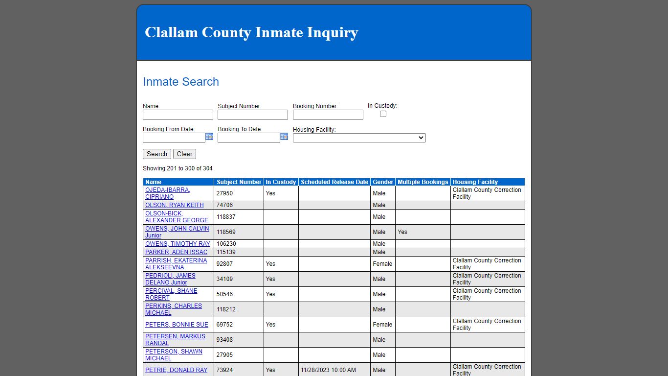 Inmate Search - Clallam County, Washington