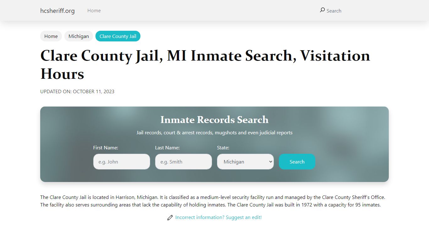 Clare County Jail, MI Inmate Search, Visitation Hours