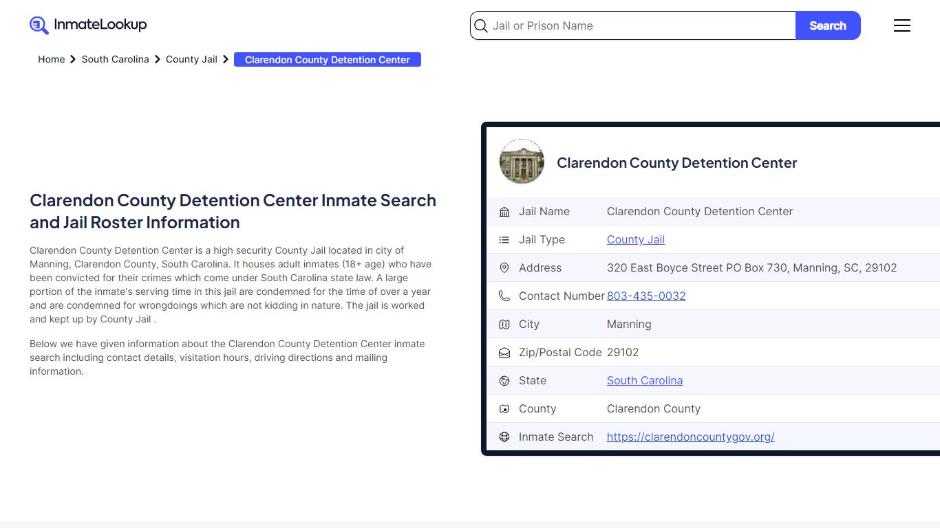 Clarendon County Detention Center (SC) Inmate Search South Carolina ...