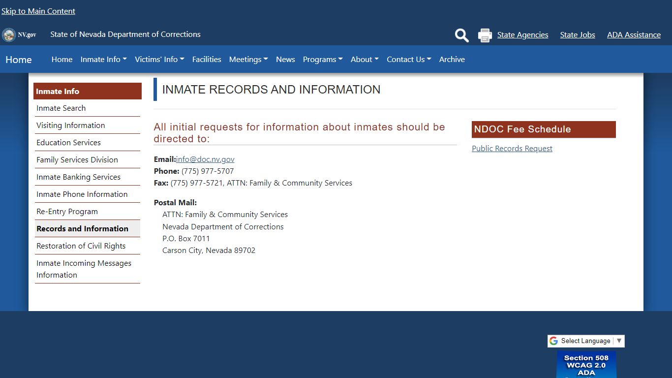 Inmate Records and Information | Nevada Department of Corrections