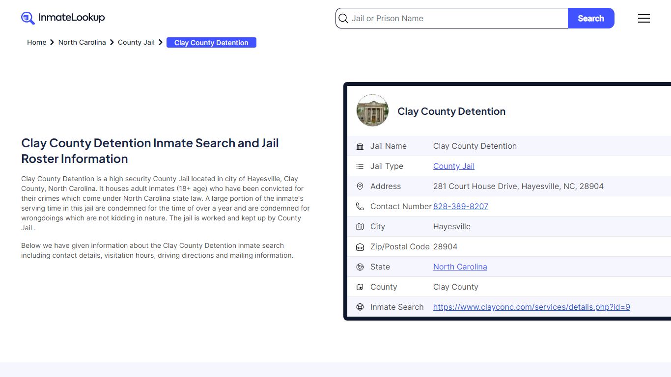 Clay County Detention (NC) Inmate Search North Carolina - Inmate Lookup