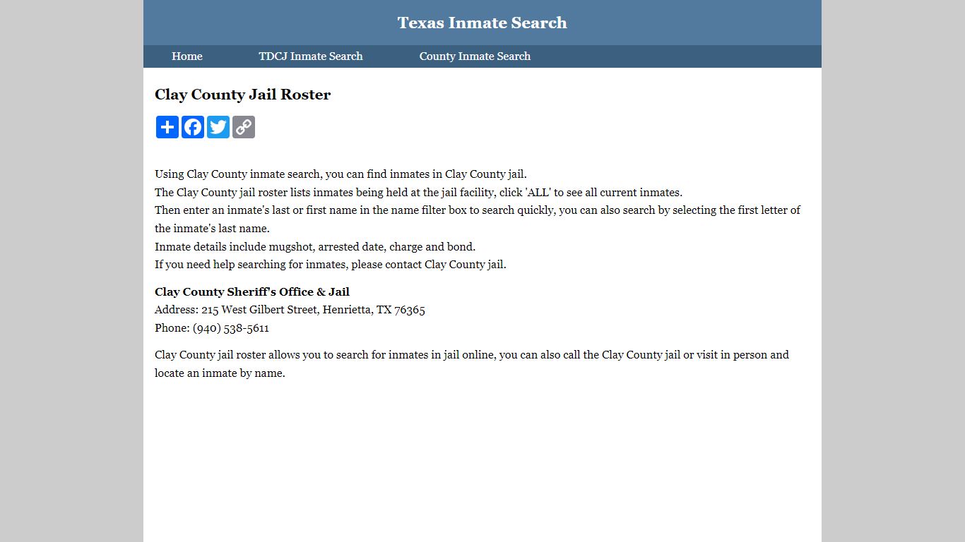 Clay County Jail Roster - Texas Inmate Search