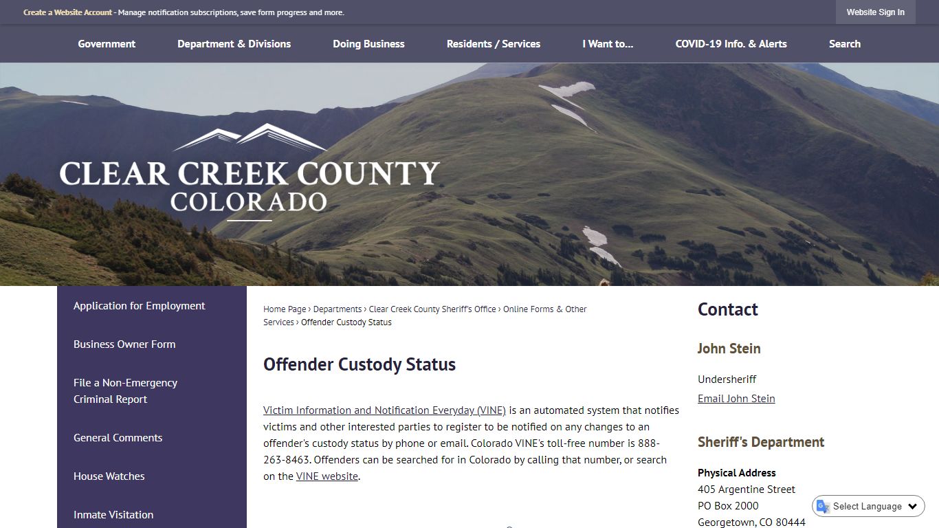 Offender Custody Status - Clear Creek County, Colorado