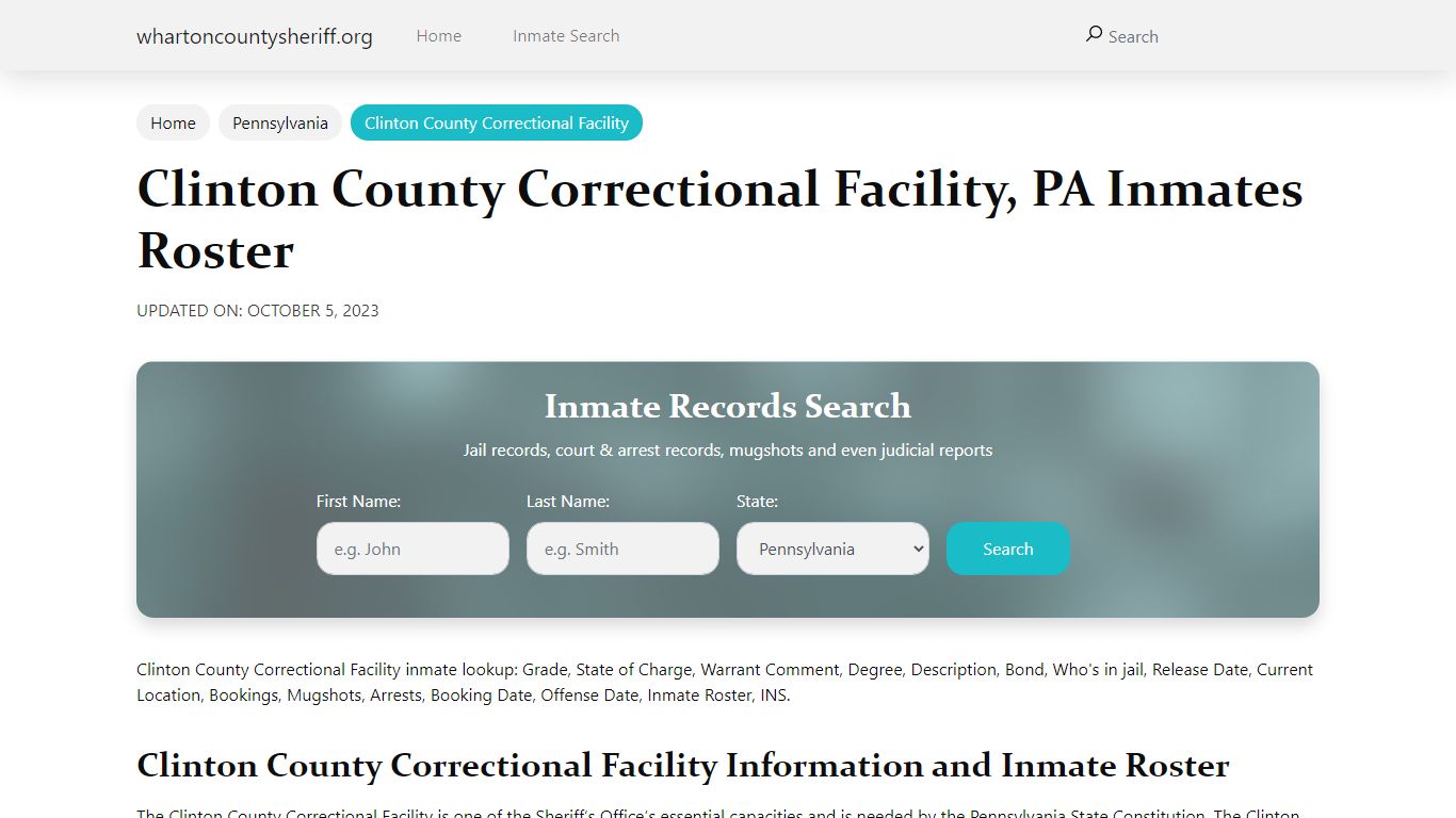 Clinton County Correctional Facility, PA Jail Roster, Name Search