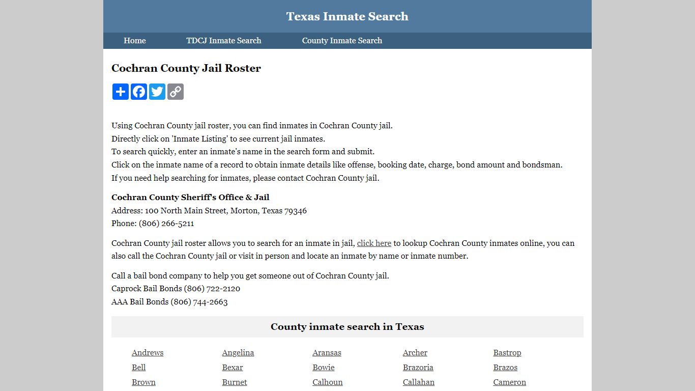 Cochran County Jail Roster - Texas Inmate Search