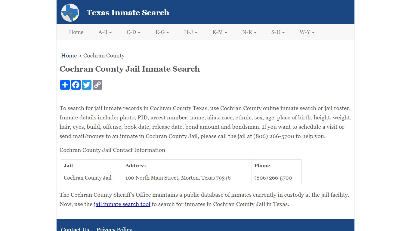 Cochran County Jail Inmate Search