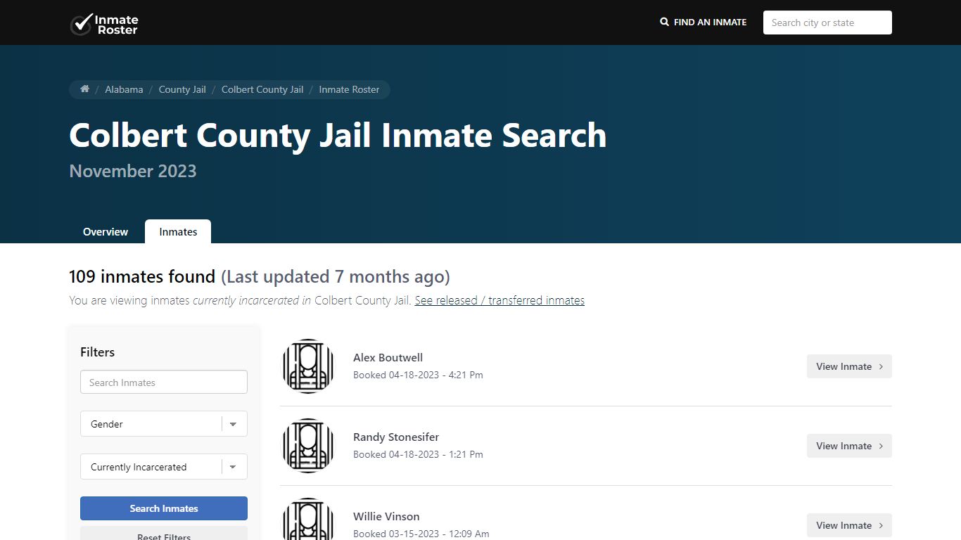 Current Inmate Roster for Today | Colbert County Jail