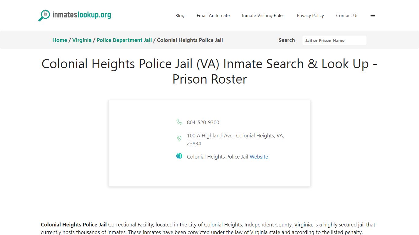 Colonial Heights Police Jail (VA) Inmate Search & Look Up - Inmate Lookup