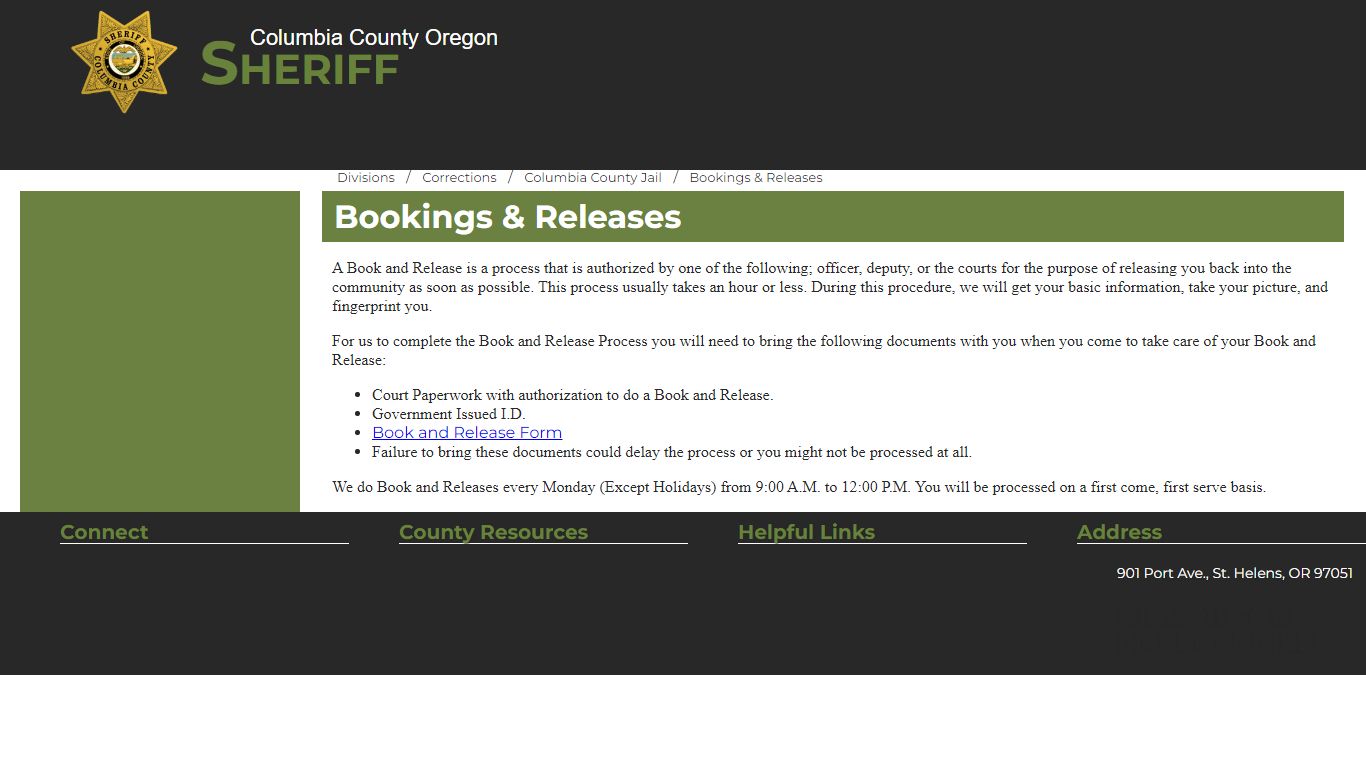 Columbia County Oregon Sheriff - Bookings & Releases