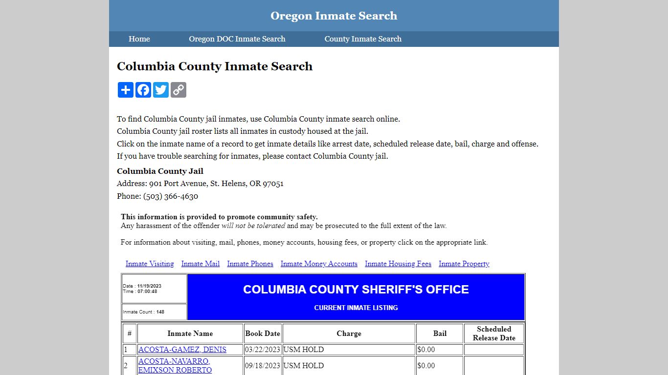 Columbia County Inmate Search