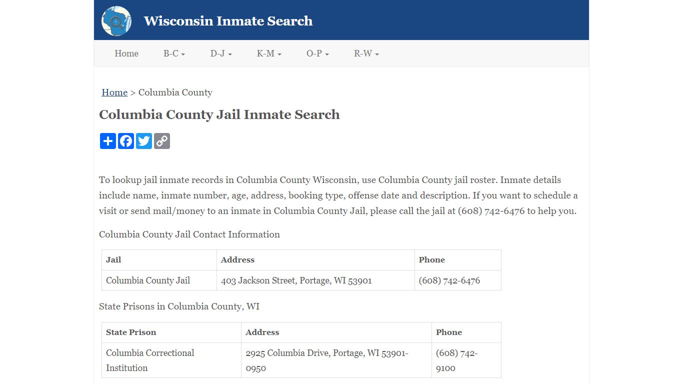 Columbia County Jail Inmate Search