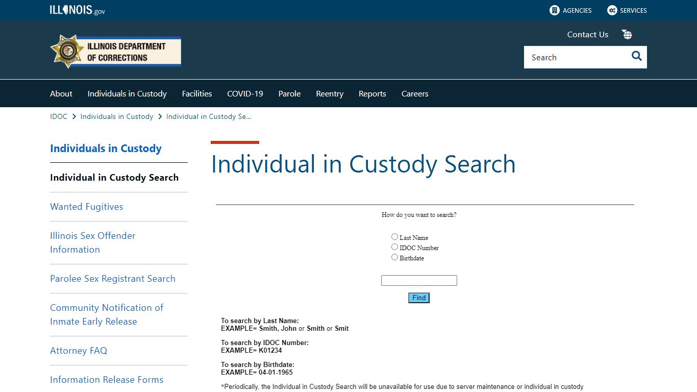Individual in Custody Search - Illinois