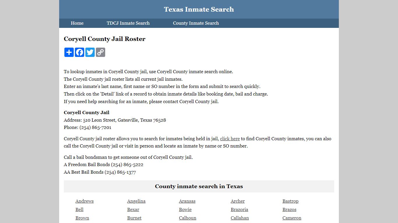 Coryell County Jail Roster - Texas Inmate Search
