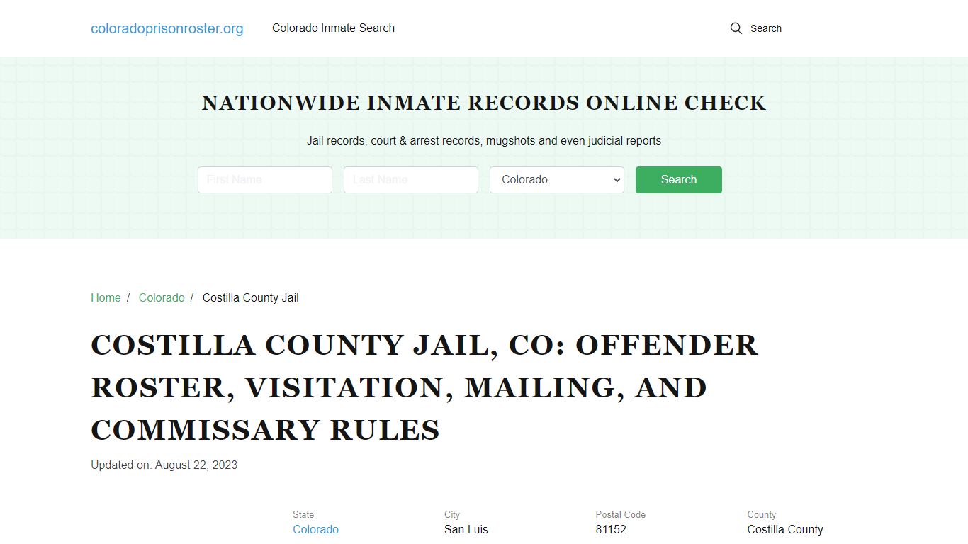 Costilla County Jail, CO: Inmate Lookup, Visitations, Contacs