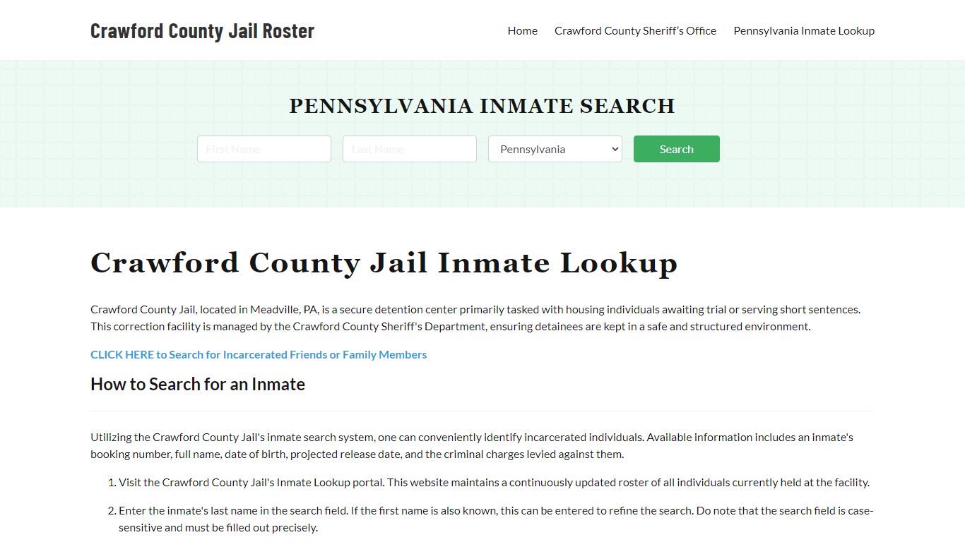 Crawford County Jail Roster Lookup, PA, Inmate Search