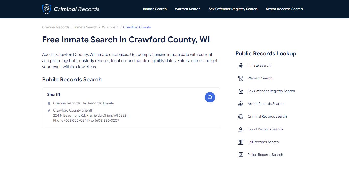 Free Inmate Search in Crawford County, WI - Enter A Name, Instant Results
